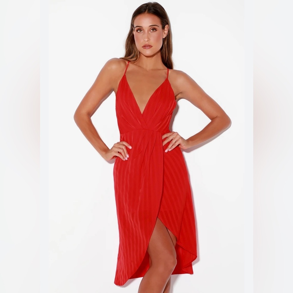 Lulu's Red Asymmetrical Wrap Midi Dress